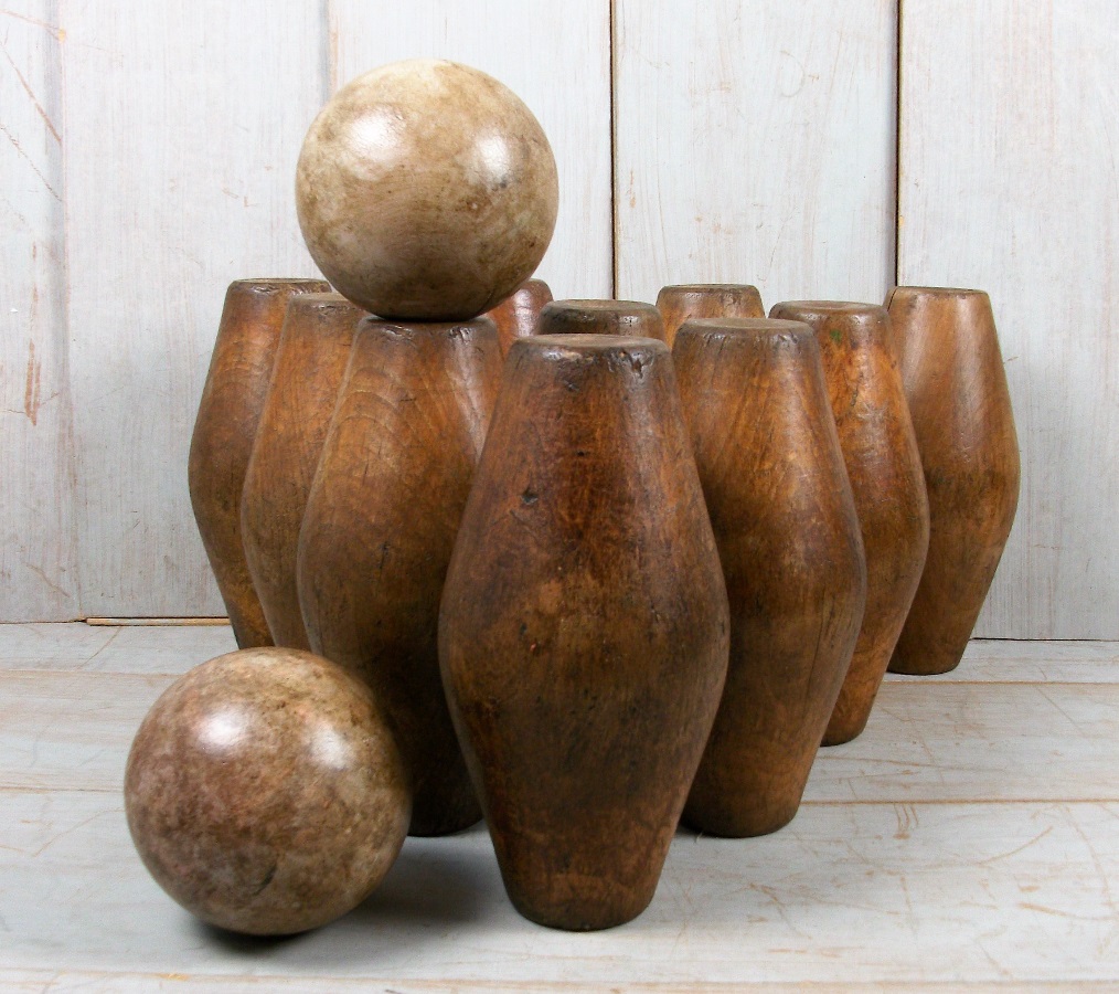   full set of ten antique oak garden Skittles